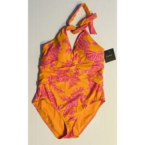Ellen Tracy One Piece Swimsuit Paisley Ruched Halter Size 14 NWT Orange Shells